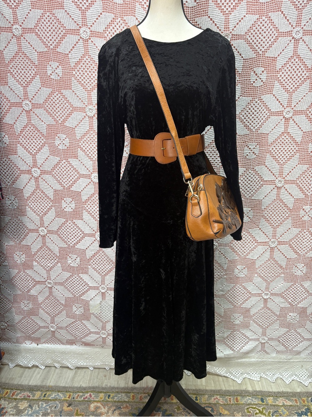 Vintage Black Crushed Velvet Midi Dress